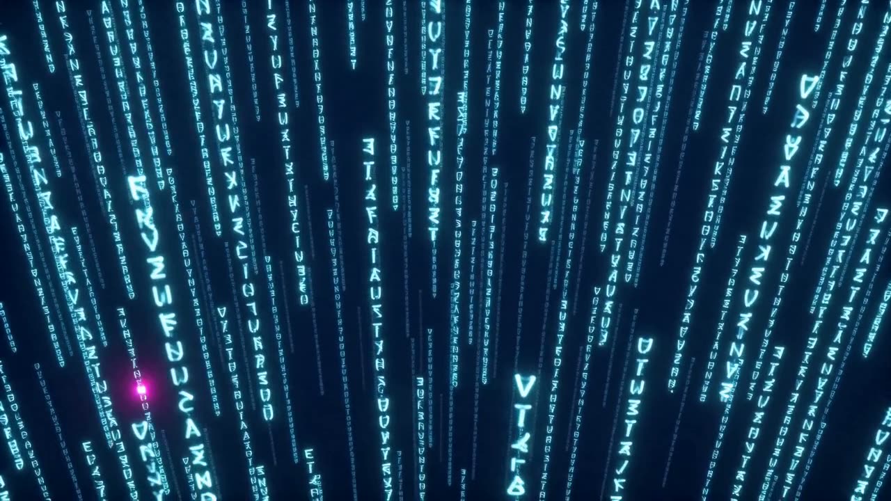 Streams of characters falling in cyan down a dark screen while a page is read