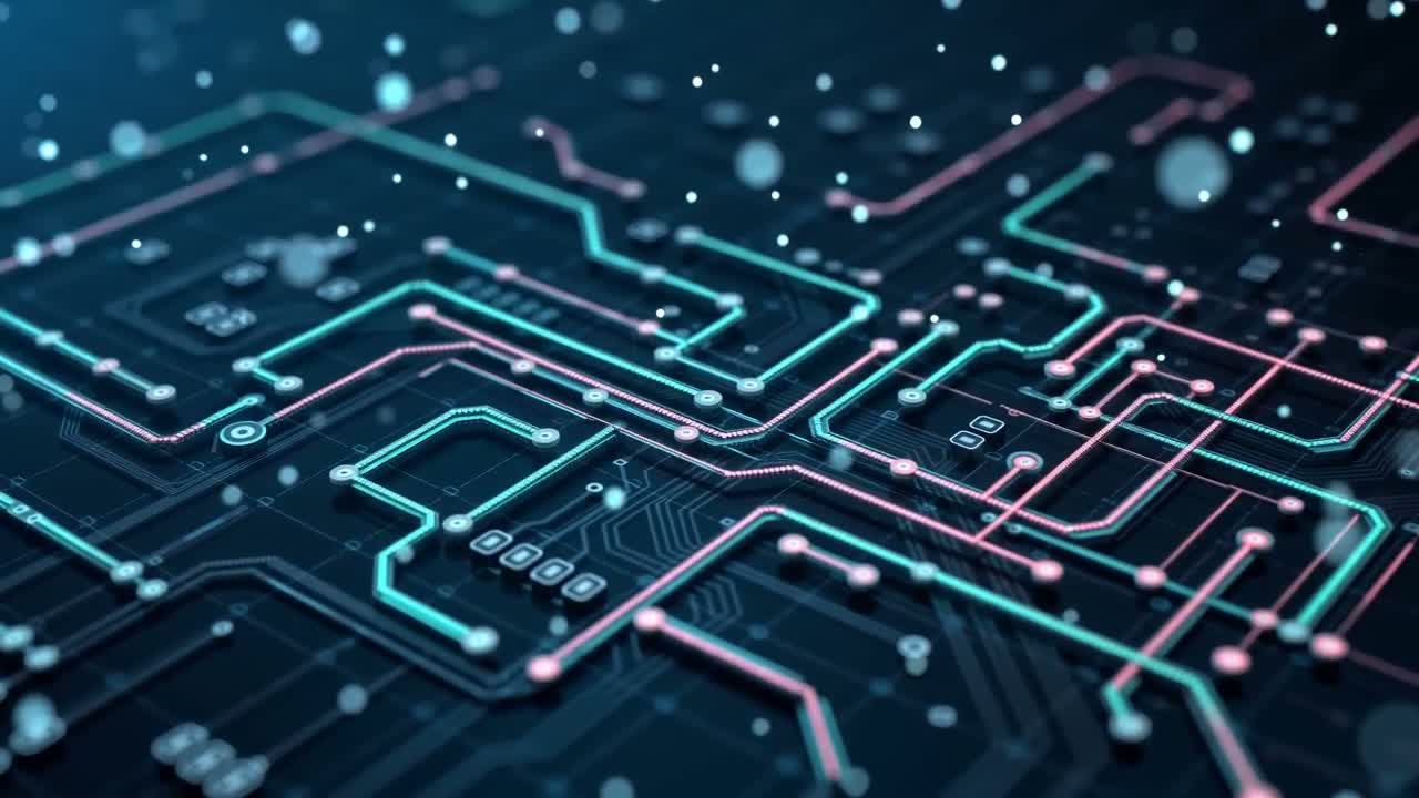 A circuit board in close up with cyan and magenta current running along its traces