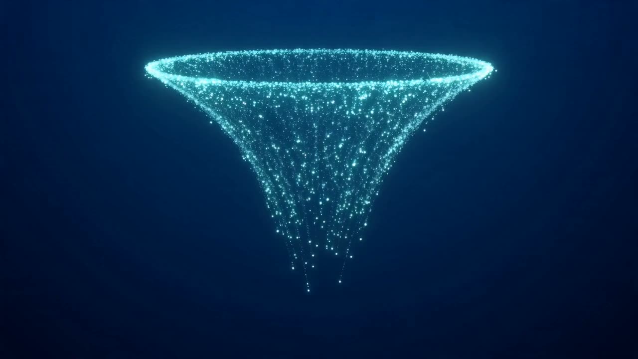 Thousands of particles funnelling down to a single bright point