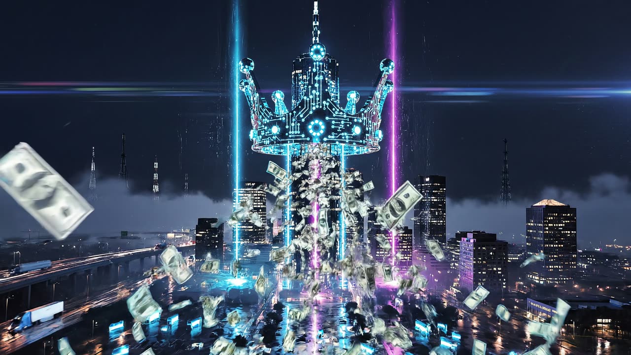 A city skyline at night lit in cyan and magenta with a crown rising above it