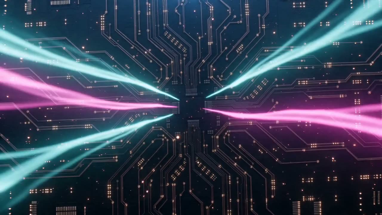 Light streaks accelerating away across a circuit board
