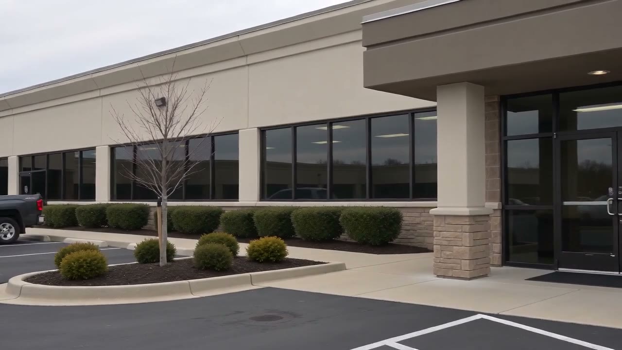 The entrance of a low commercial office park on an overcast morning