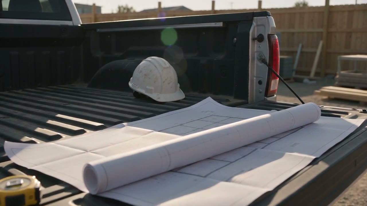 A gloved hand smoothing a site drawing on an open pickup tailgate