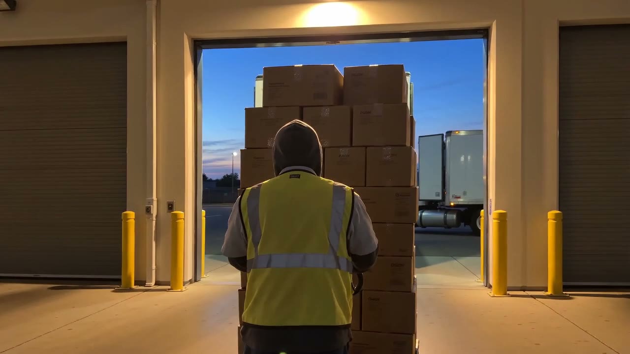A box truck backed into a loading dock at dusk with stacked cartons