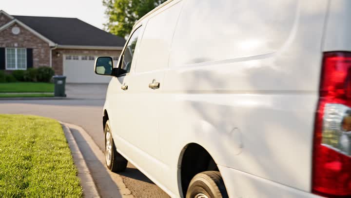 The open back of a service van at a curb, a full rack of tools and parts organised on the door, a brick house behind it