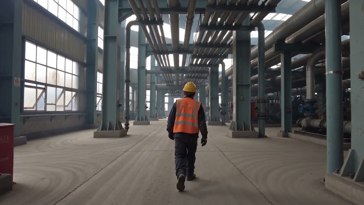 Walking an aisle of a heavy industrial plant under overhead pipe racks