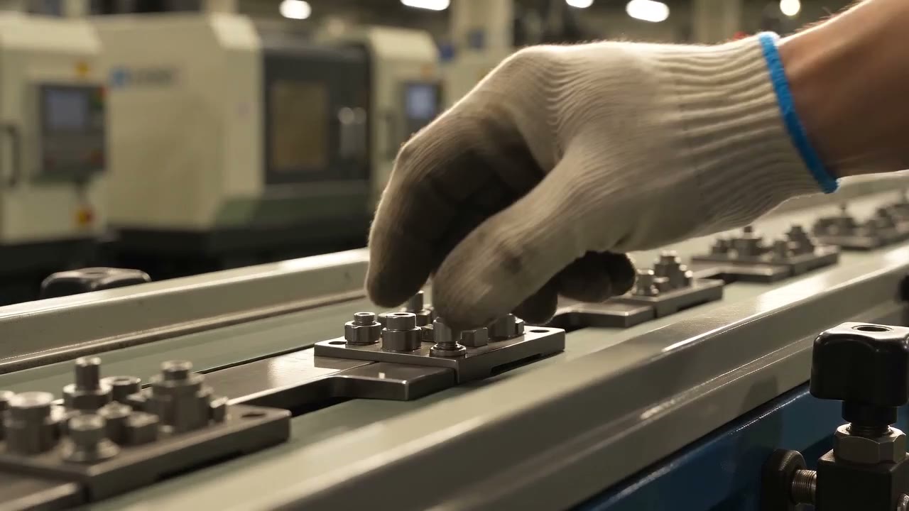 A gloved hand adjusting a part on a production line conveyor