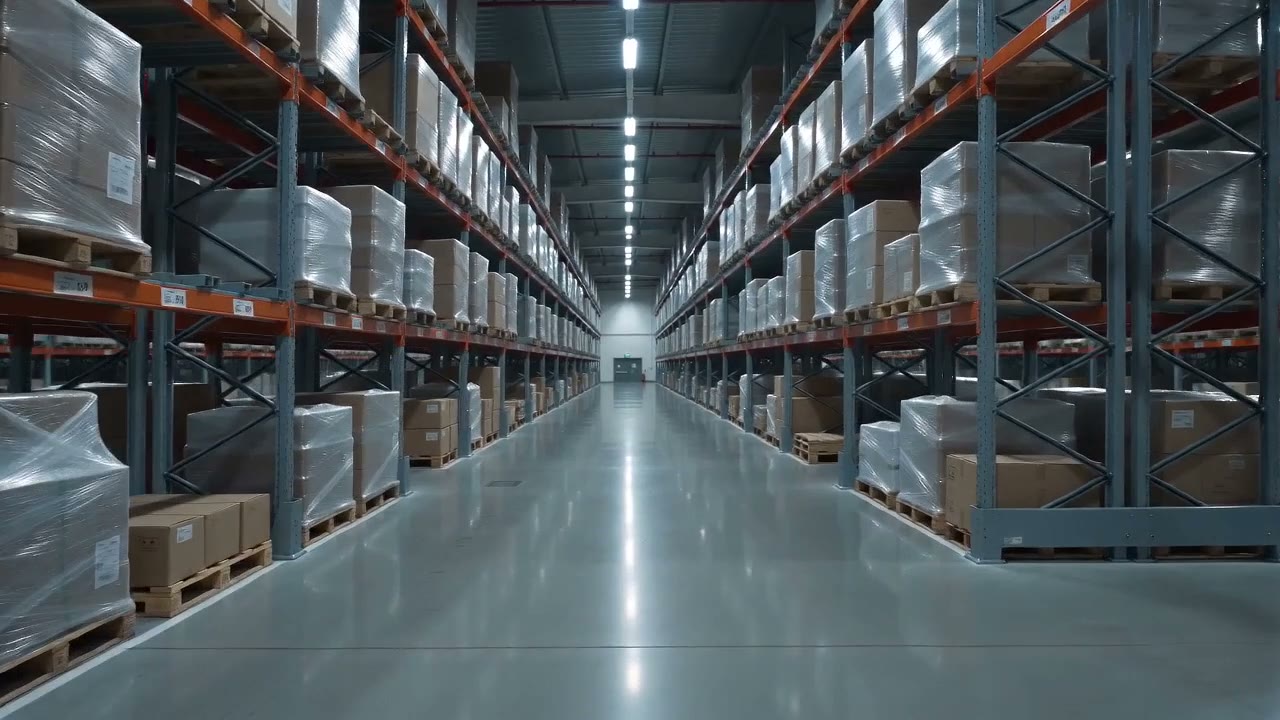 An aisle of steel pallet racking in a high bay warehouse
