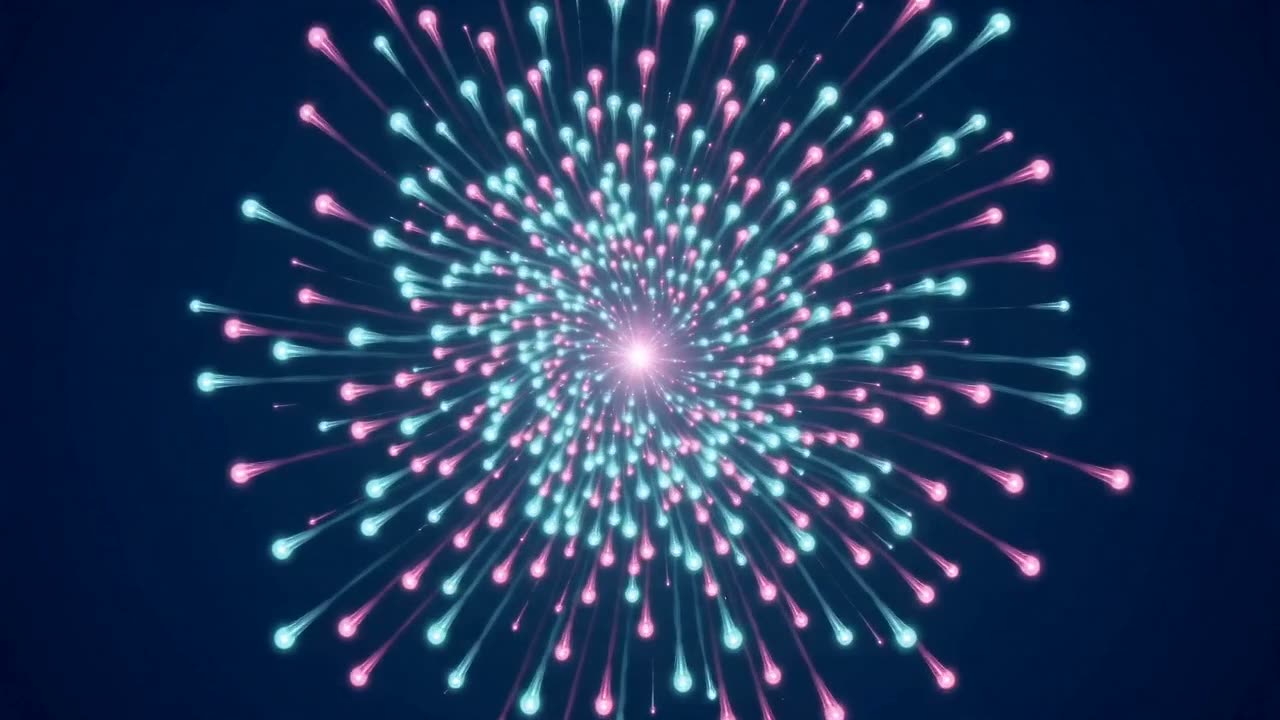 A burst of cyan and magenta particles spreading outward from one centre