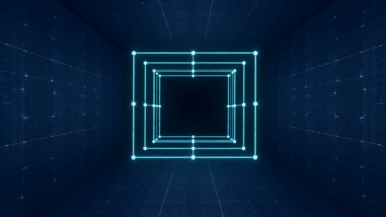 A lit rectangular frame being assembled square by square in a dark tunnel